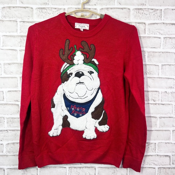 🎄|•POOF•| Merry Christmas Adorable Bulldog Sweater Size Large - Picture 1 of 5